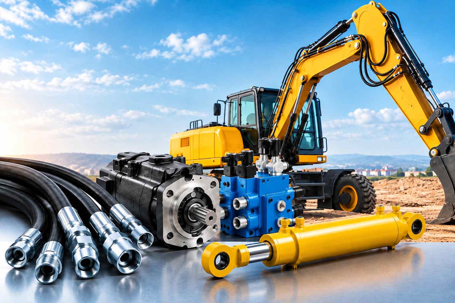 SOGAR Hydraulics, Rexroth service partner: hoses, pump, valves and cylinder with an excavator on site