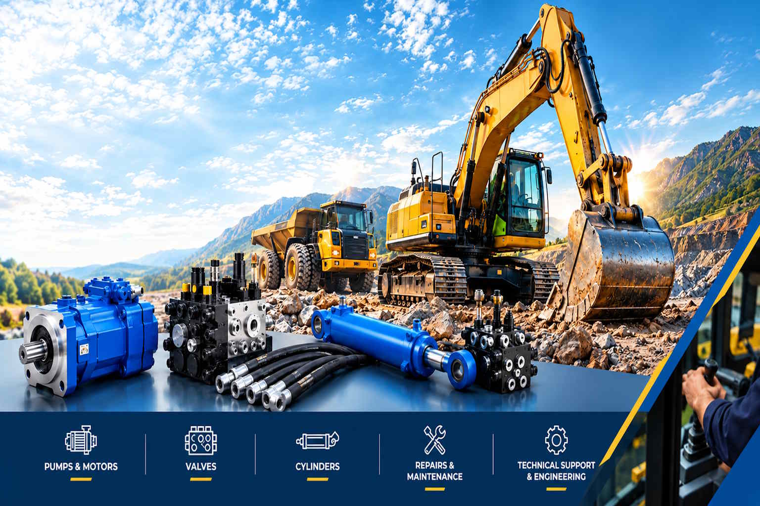 Mobile hydraulics: hoses, pumps, valves and cylinders with an excavator
